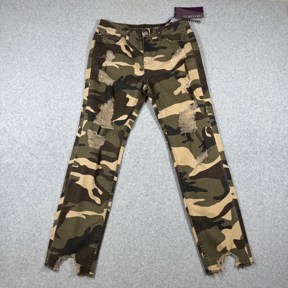 NWT Y2K Revival Pants Women Green Camo Straight Leg Distressed Twill
